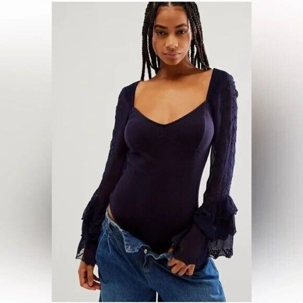 Free People Enchanted By You Bodysuit‎ Womens Medium Navy Ruffle Sleeve V Neck